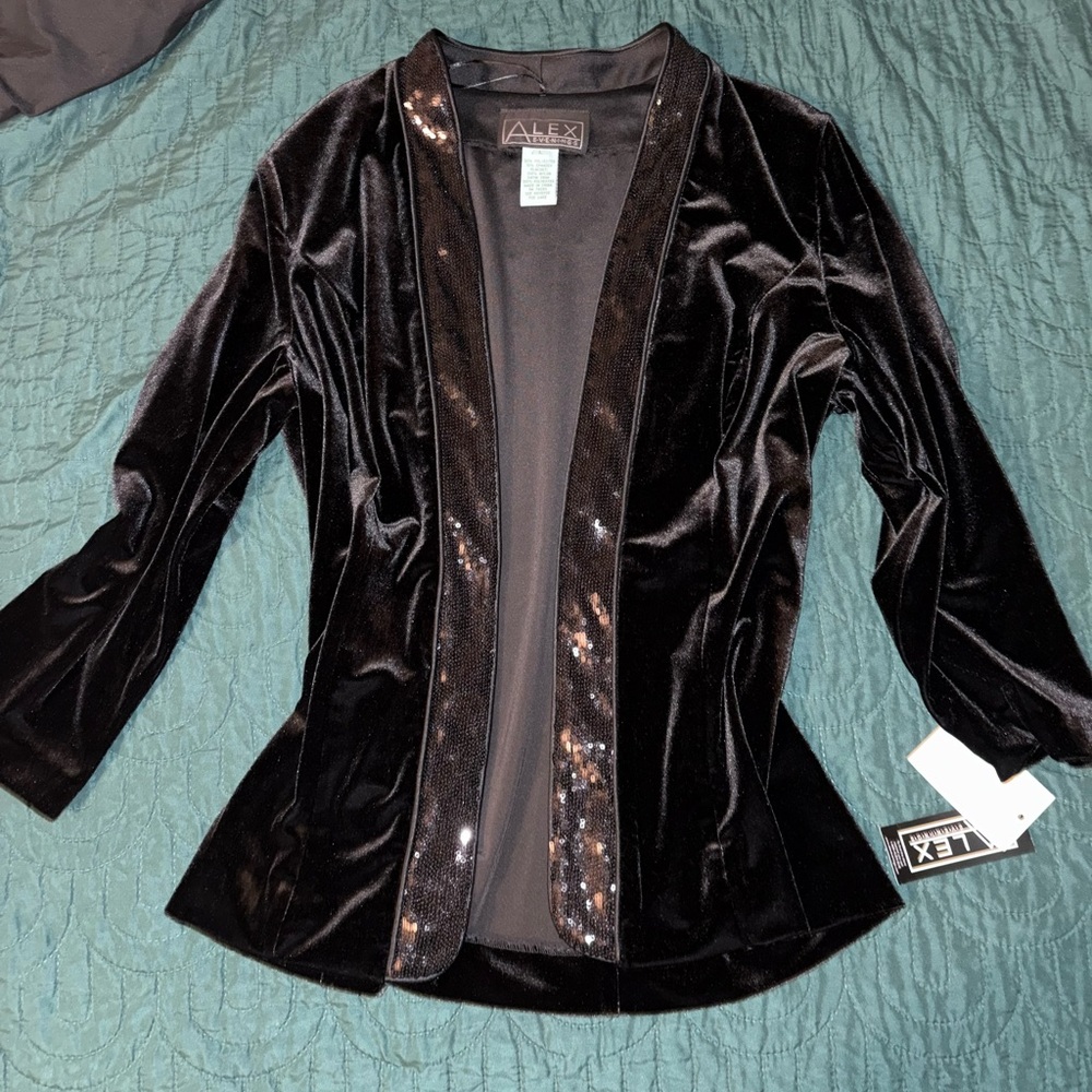 Alex Evenings Black Velvet Open-Front Jacket with Sequin Trim